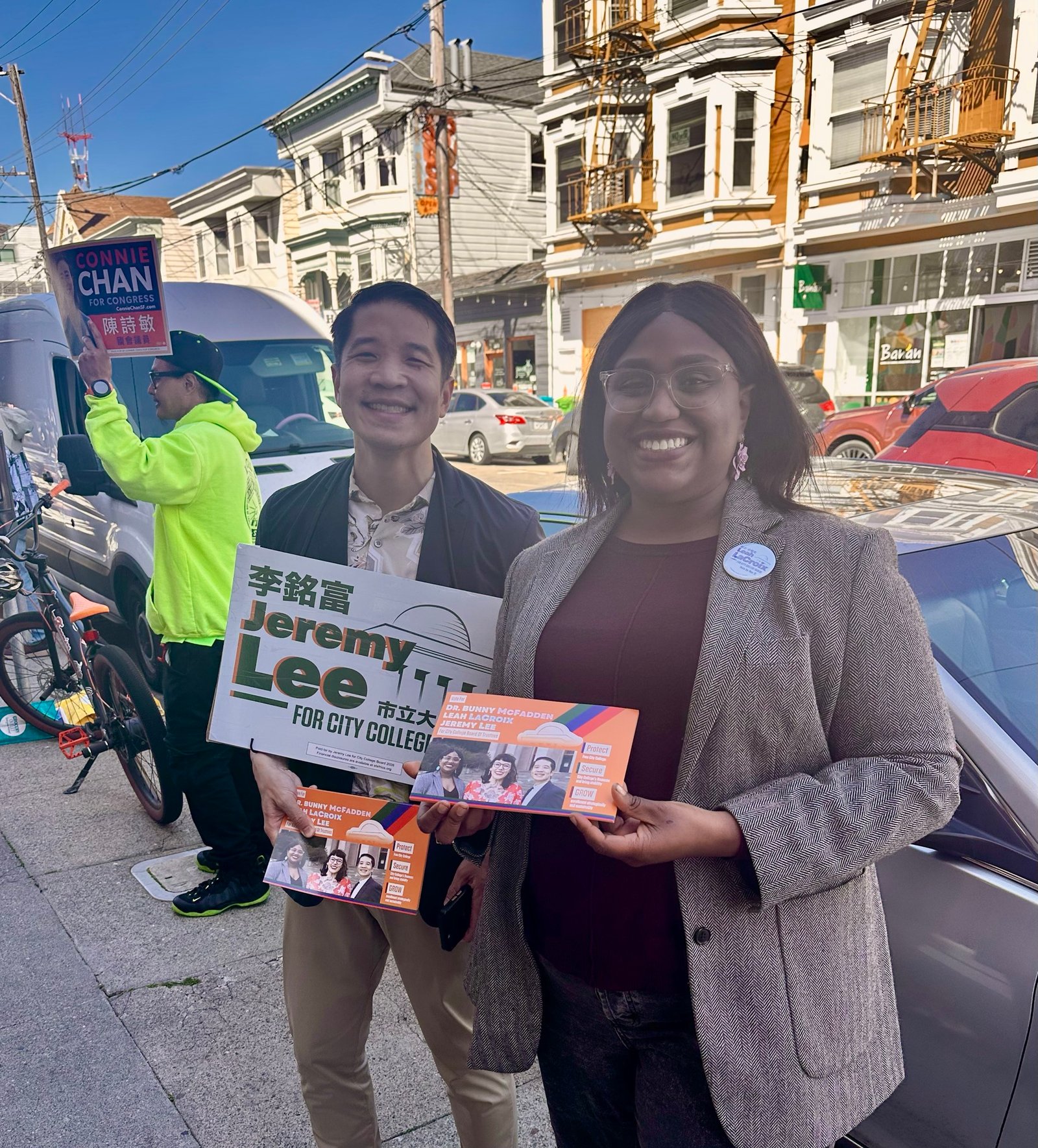 Jeremy Lee and supporters campaigning for City College Board
